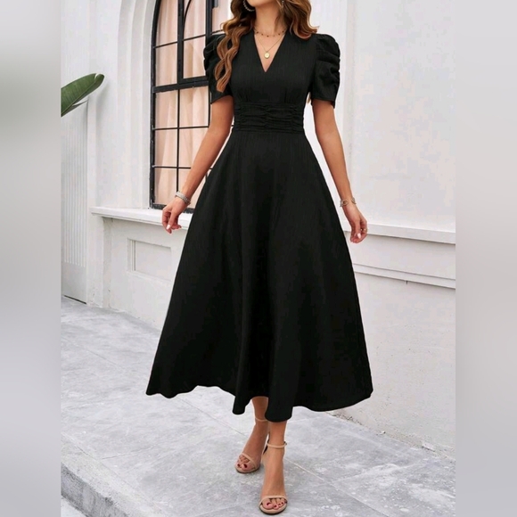 NEW Classic Textured Stripe Ruched Waist Puffed Sleeve Midi Dress Black - Picture 3 of 7